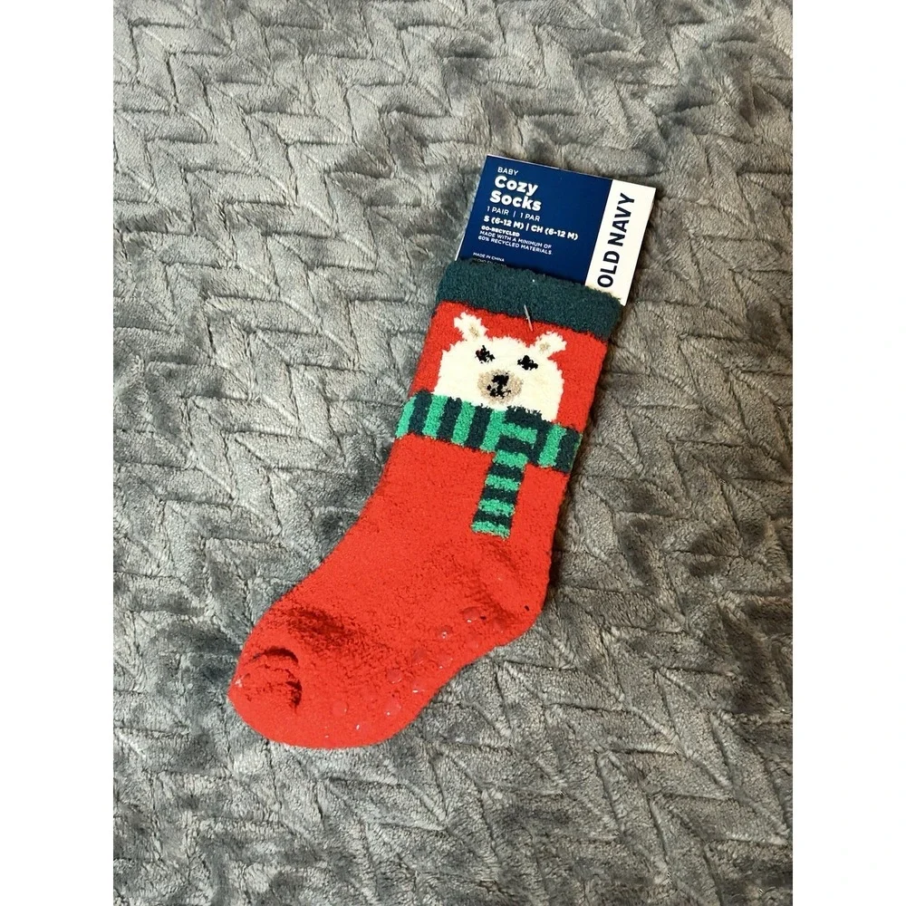OLD NAVY BABY / TODDLER COZY SOCKS NON-SLIP Red With Bear SIZE S (6-12months)